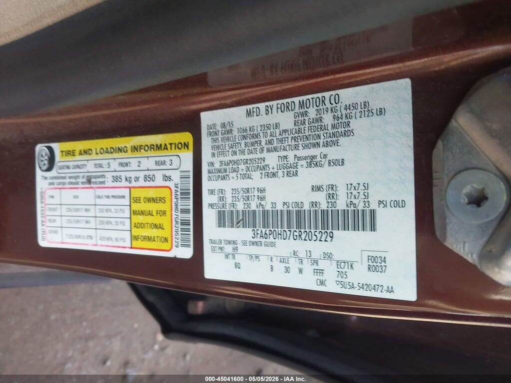 3FA6P0HD7GR205229 2016 FORD FUSION photo no. 9