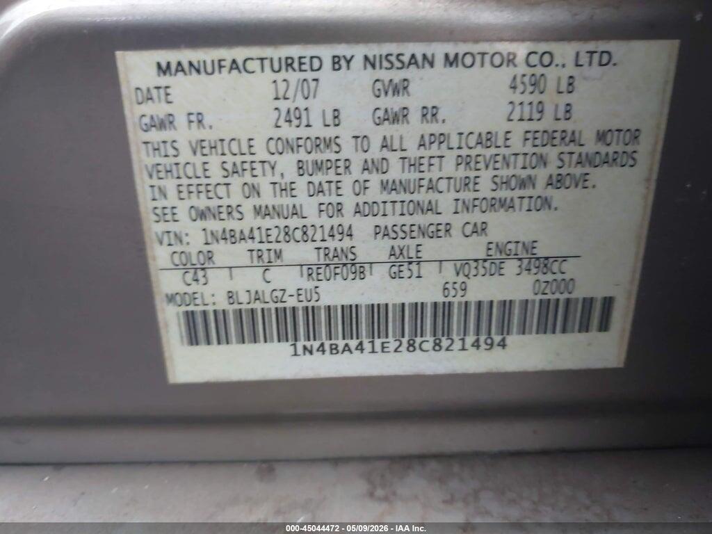 1N4BA41E28C821494 2008 NISSAN MAXIMA photo no. 9