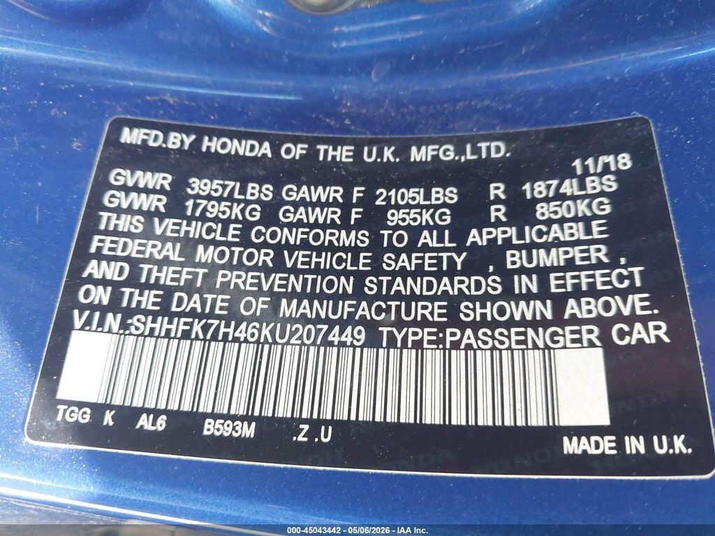 SHHFK7H46KU207449 2019 HONDA CIVIC photo no. 9