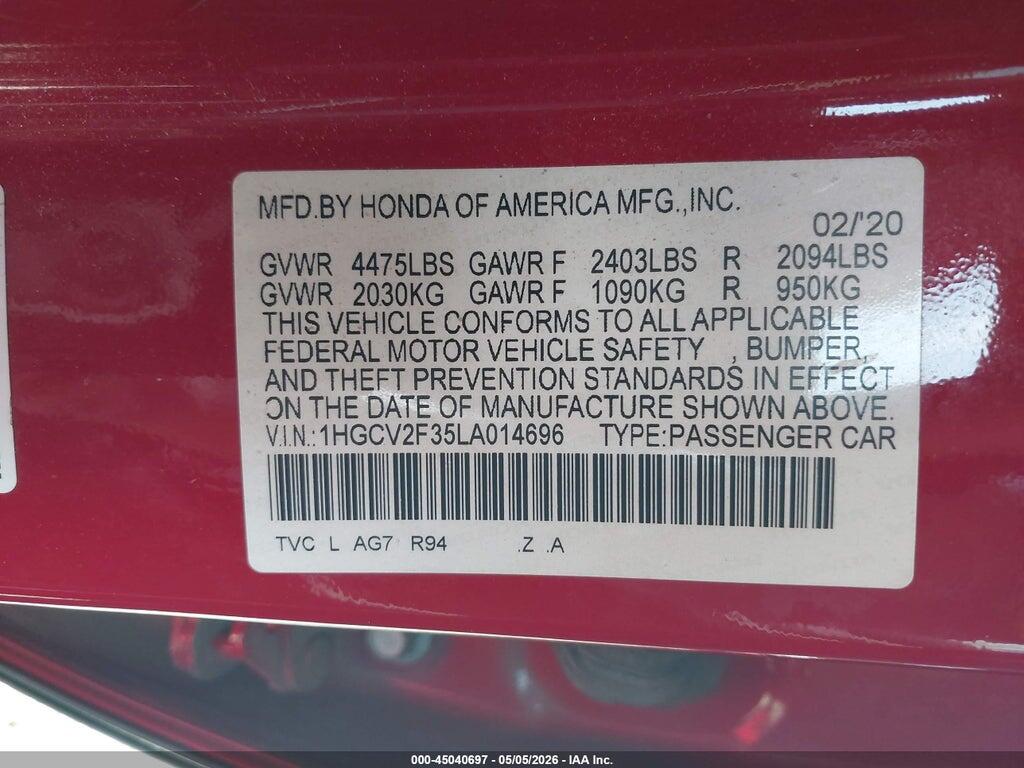 1HGCV2F35LA014696 2020 HONDA ACCORD photo no. 9
