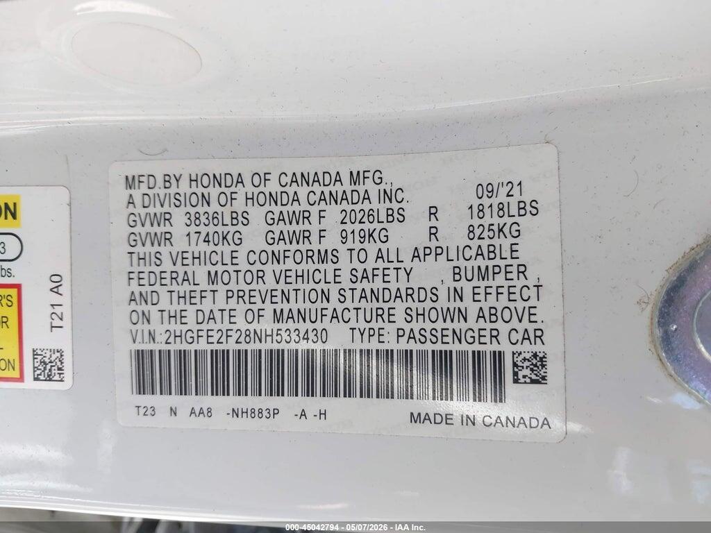 2HGFE2F28NH533430 2022 HONDA CIVIC photo no. 9