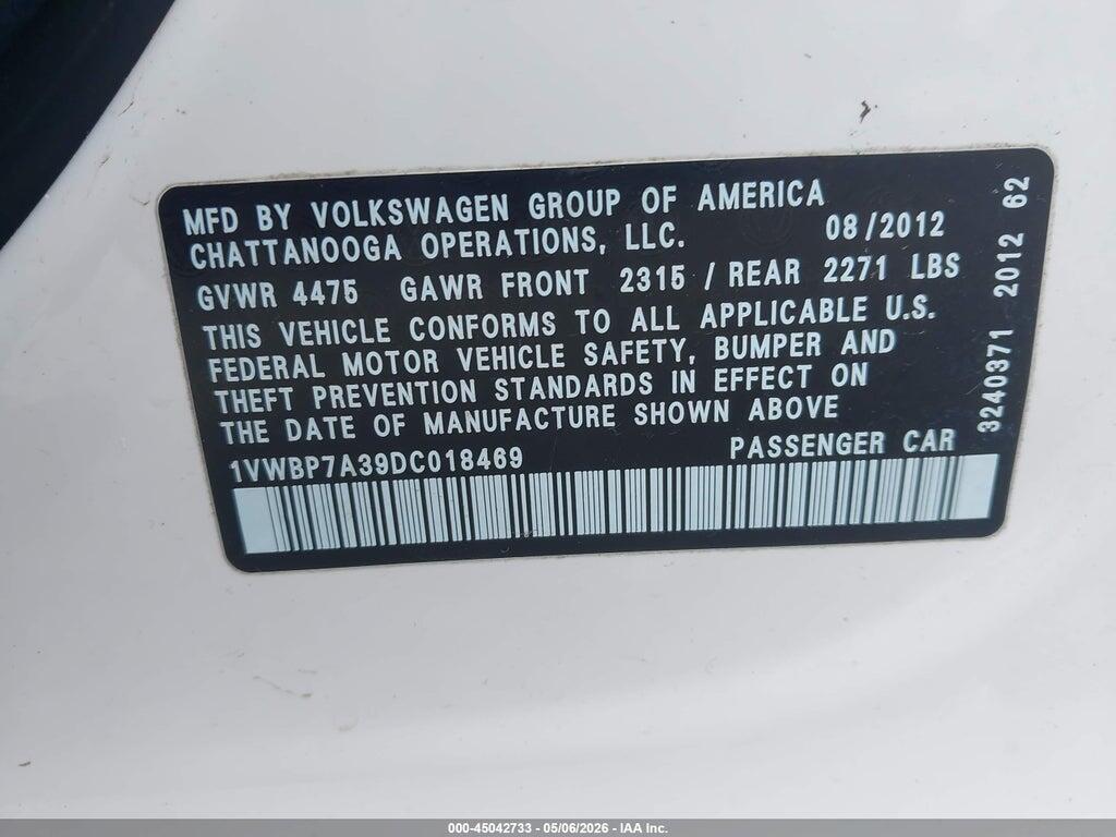 1VWBP7A39DC018469 2013 VOLKSWAGEN PASSAT photo no. 9