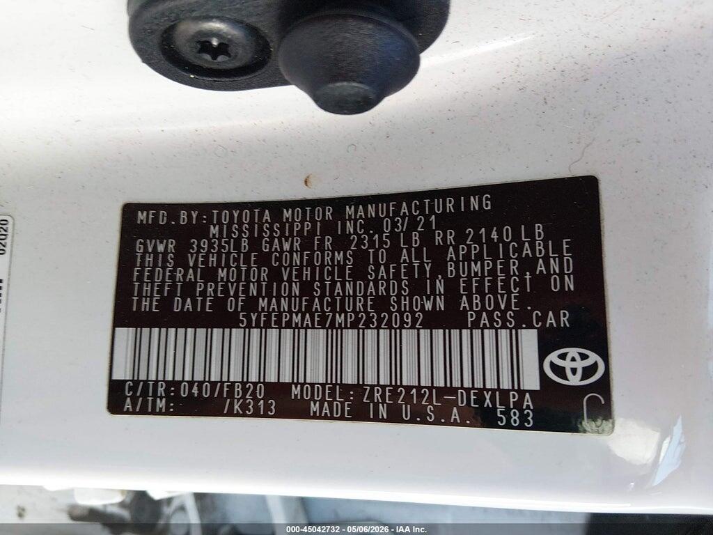 5YFEPMAE7MP232092 2021 TOYOTA COROLLA photo no. 9