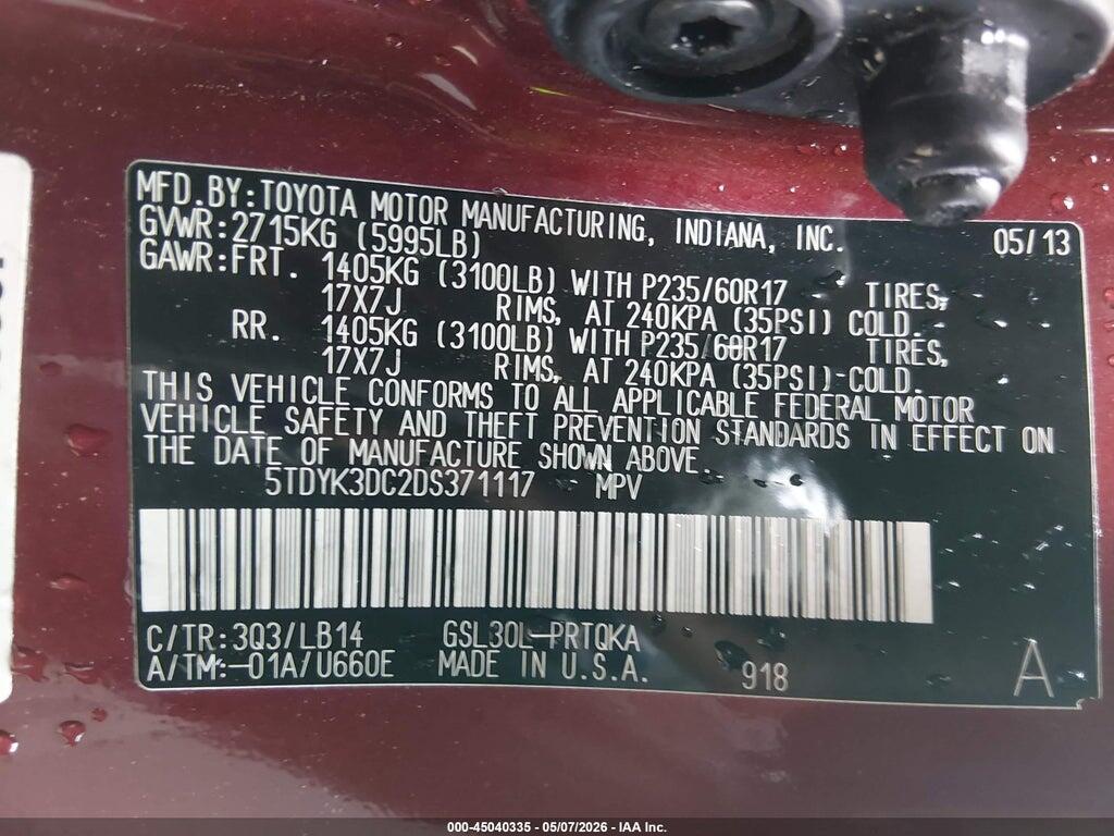 5TDYK3DC2DS371117 2013 TOYOTA SIENNA photo no. 9