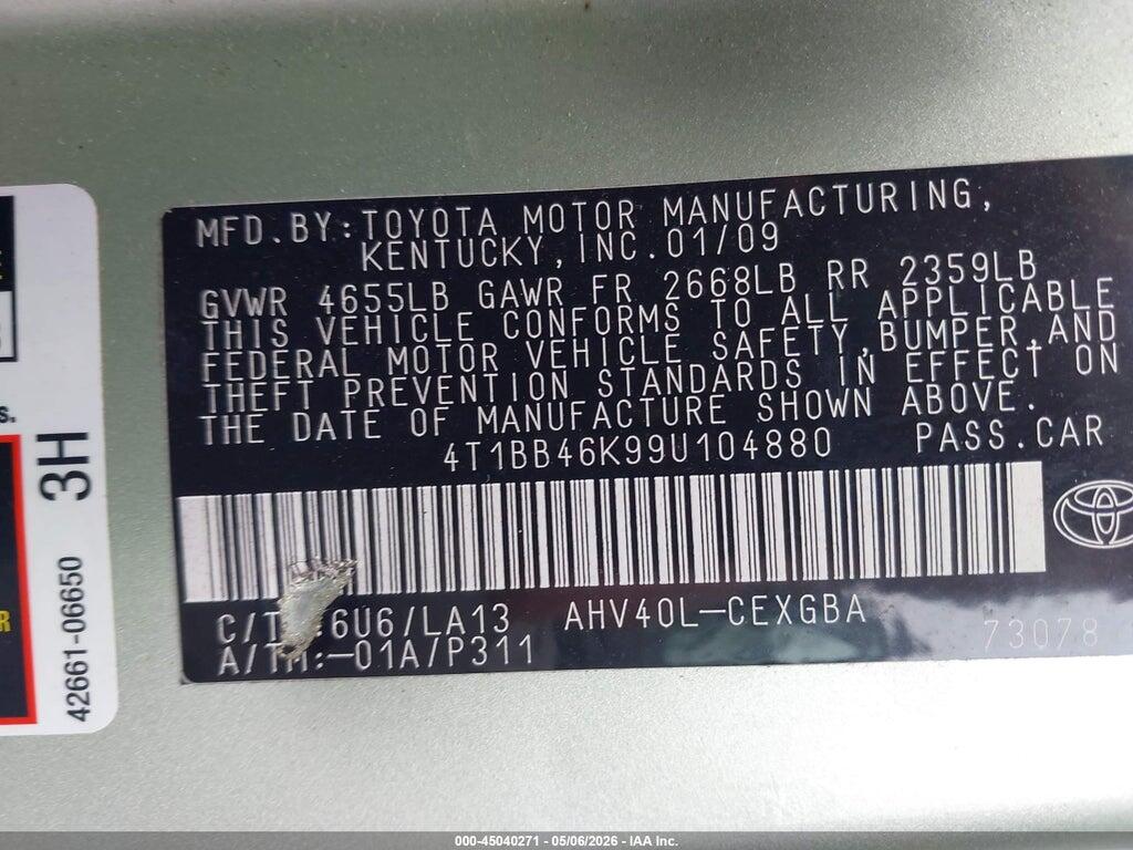 4T1BB46K99U104880 2009 TOYOTA CAMRY HYBRID photo no. 9