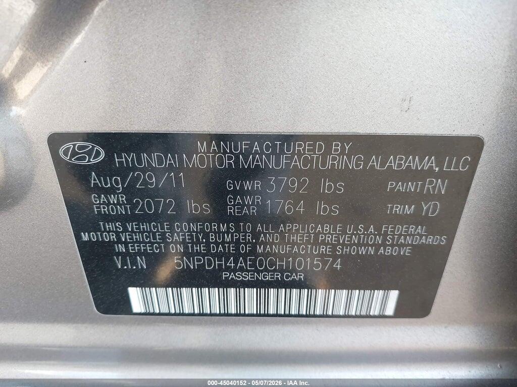 5NPDH4AE0CH101574 2012 HYUNDAI ELANTRA photo no. 9