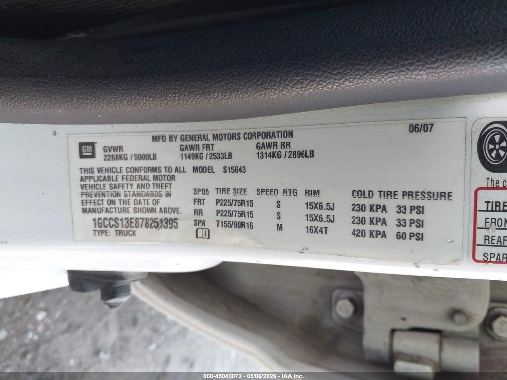 1GCCS13E878251395 2007 CHEVROLET COLORADO photo no. 9