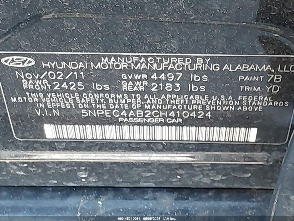 5NPEC4AB2CH410424 2012 HYUNDAI SONATA photo no. 9