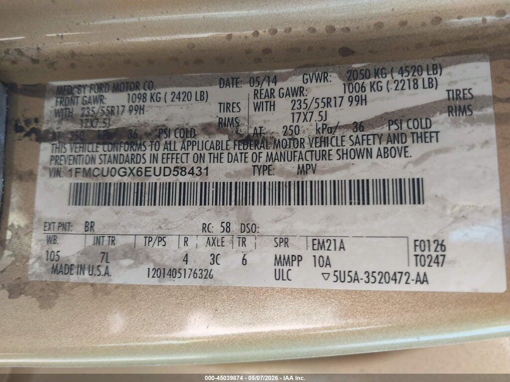 1FMCU0GX6EUD58431 2014 FORD ESCAPE photo no. 9