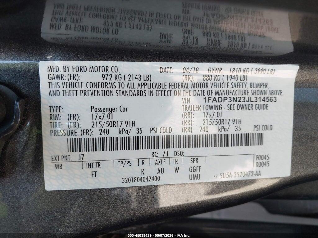 1FADP3N23JL314563 2018 FORD FOCUS photo no. 9