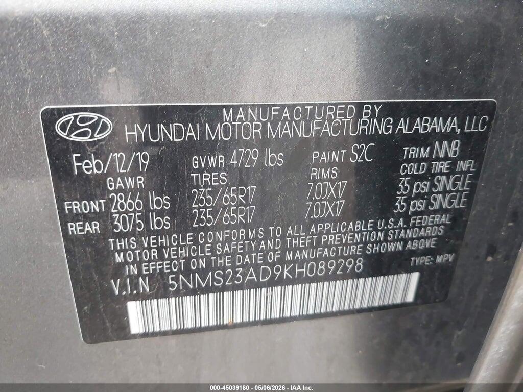 5NMS23AD9KH089298 2019 HYUNDAI SANTA FE photo no. 9