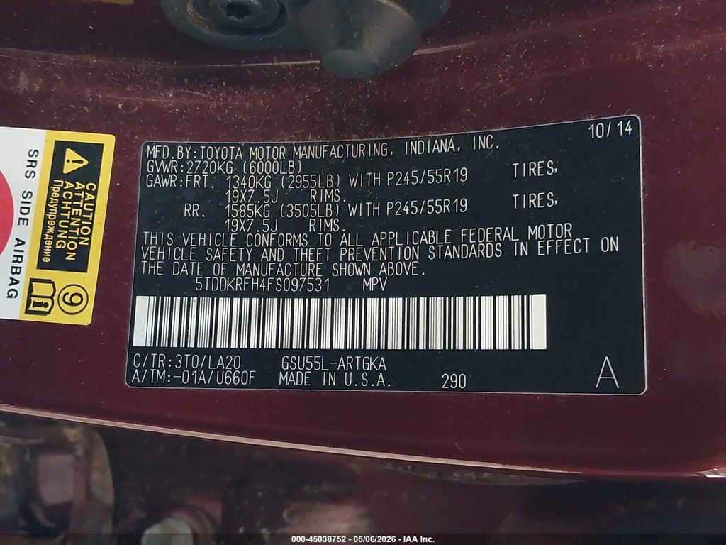 5TDDKRFH4FS097531 2015 TOYOTA HIGHLANDER photo no. 9