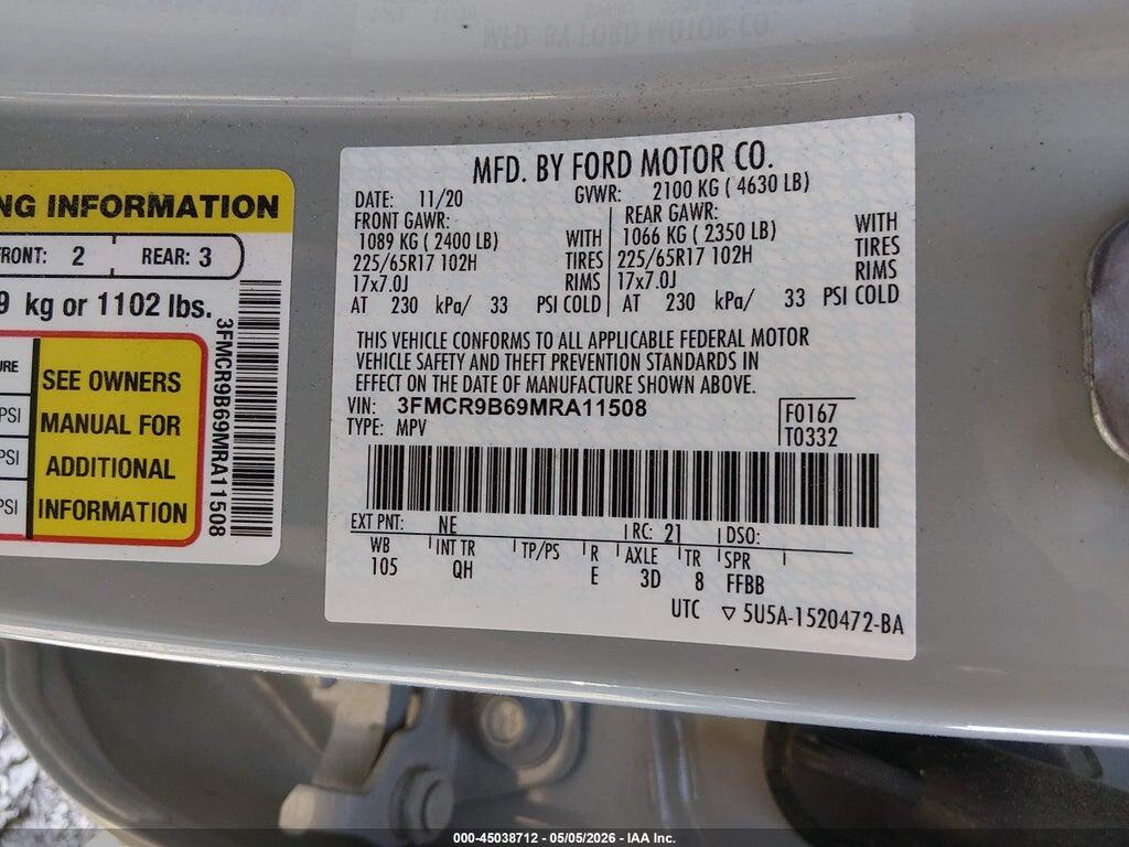 3FMCR9B69MRA11508 2021 FORD BRONCO SPORT photo no. 9
