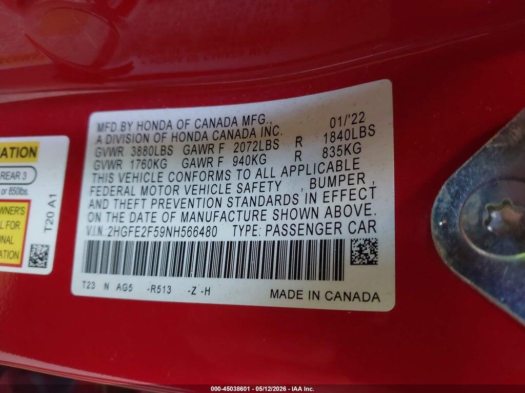 2HGFE2F59NH566480 2022 HONDA CIVIC photo no. 9