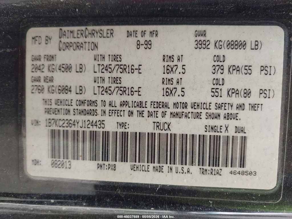 1B7KC2364YJ124435 2000 DODGE RAM 2500 photo no. 9