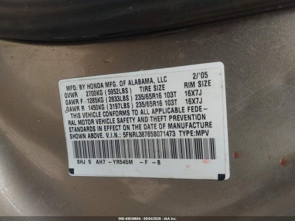 5FNRL38785B071473 2005 HONDA ODYSSEY photo no. 9