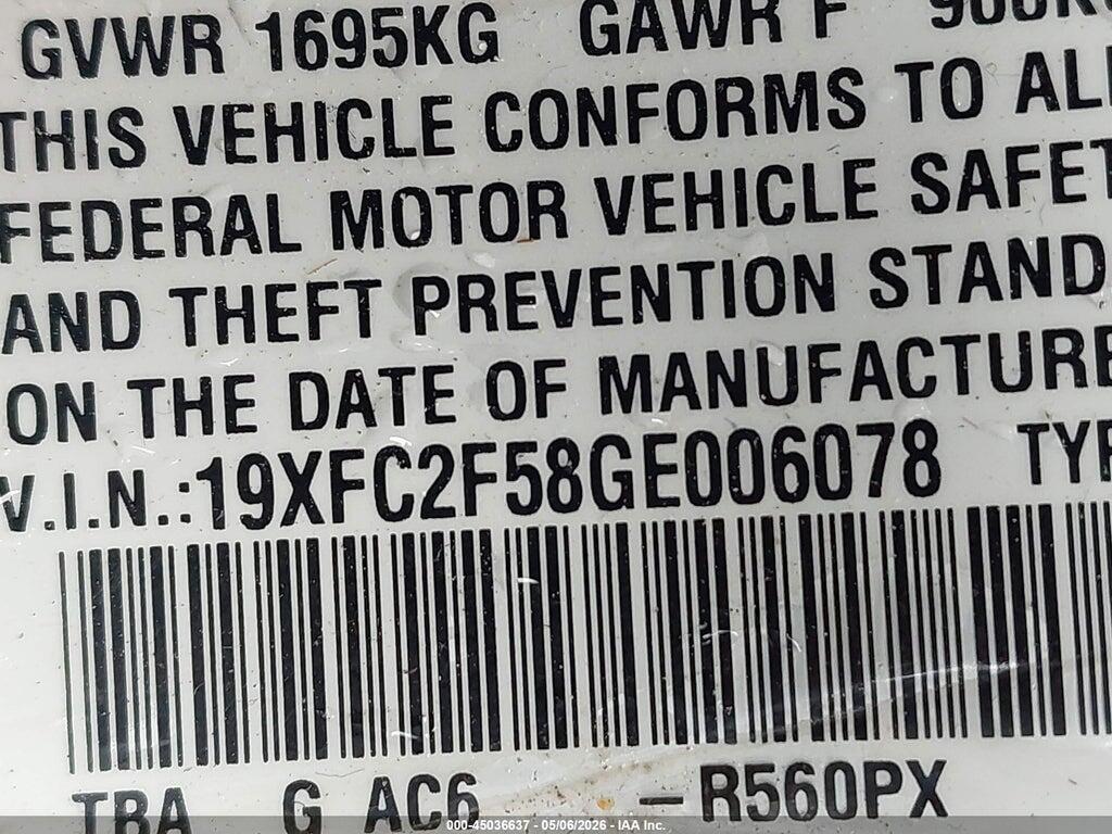 19XFC2F58GE006078 2016 HONDA CIVIC photo no. 9