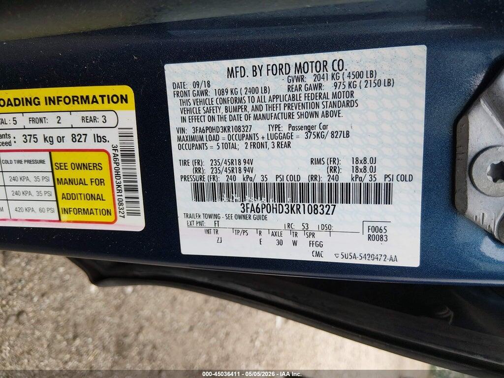 3FA6P0HD3KR108327 2019 FORD FUSION photo no. 9