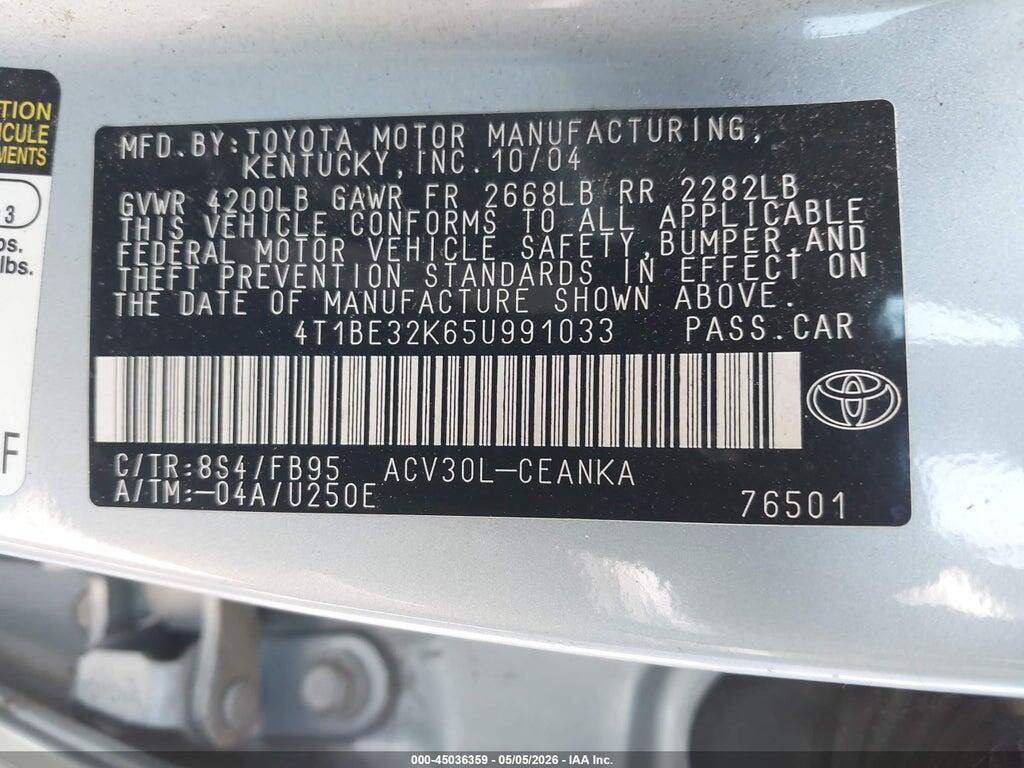4T1BE32K65U991033 2005 TOYOTA CAMRY photo no. 9