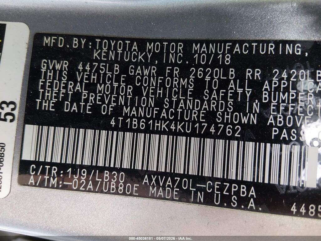 4T1B61HK4KU174762 2019 TOYOTA CAMRY photo no. 9
