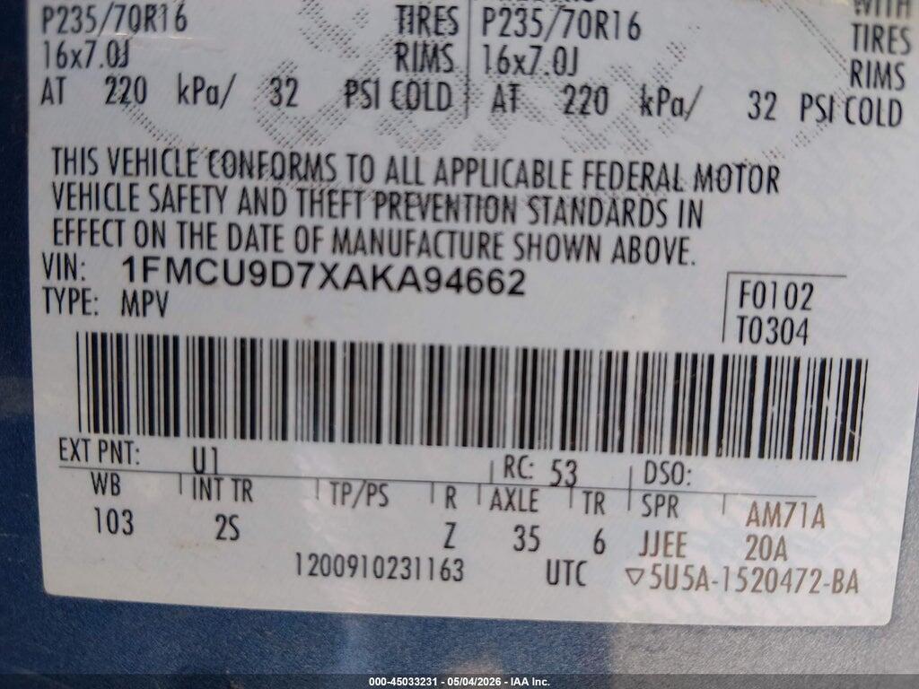 1FMCU9D7XAKA94662 2010 FORD ESCAPE photo no. 9