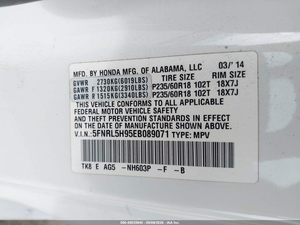 5FNRL5H95EB089071 2014 HONDA ODYSSEY photo no. 9