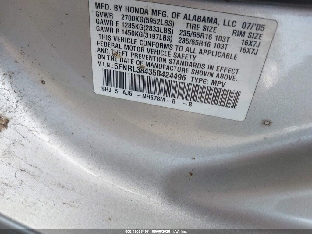5FNRL38435B424496 2005 HONDA ODYSSEY photo no. 9