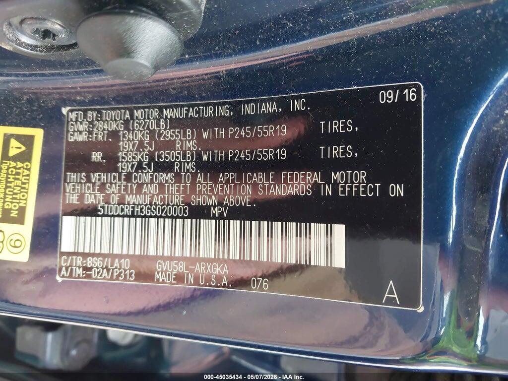 5TDDCRFH3GS020003 2016 TOYOTA HIGHLANDER HYBRID photo no. 9