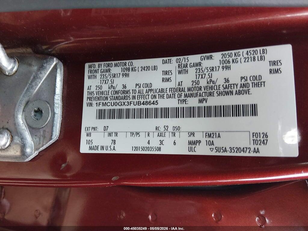 1FMCU0GX3FUB48645 2015 FORD ESCAPE photo no. 9
