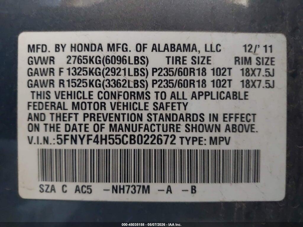 5FNYF4H55CB022672 2012 HONDA PILOT photo no. 9