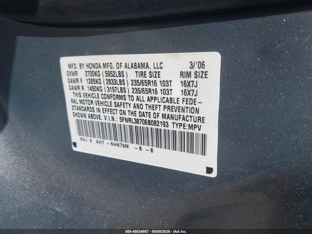5FNRL38706B082193 2006 HONDA ODYSSEY photo no. 9