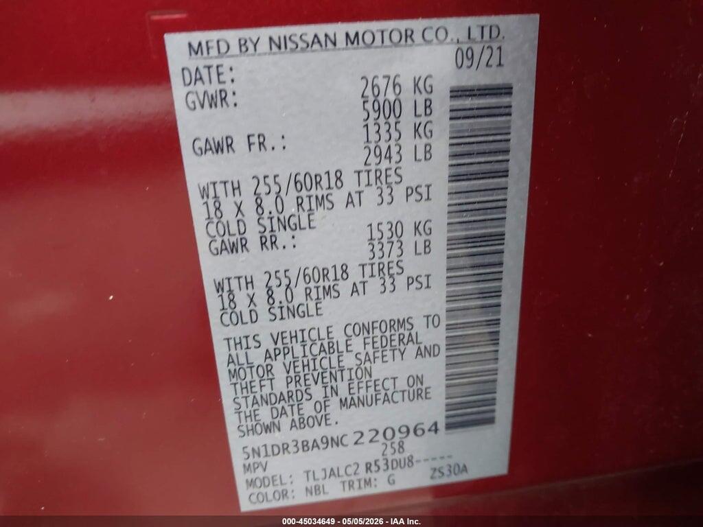 5N1DR3BA9NC220964 2022 NISSAN PATHFINDER photo no. 9