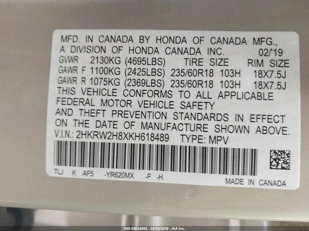 2HKRW2H8XKH618489 2019 HONDA CR-V photo no. 9