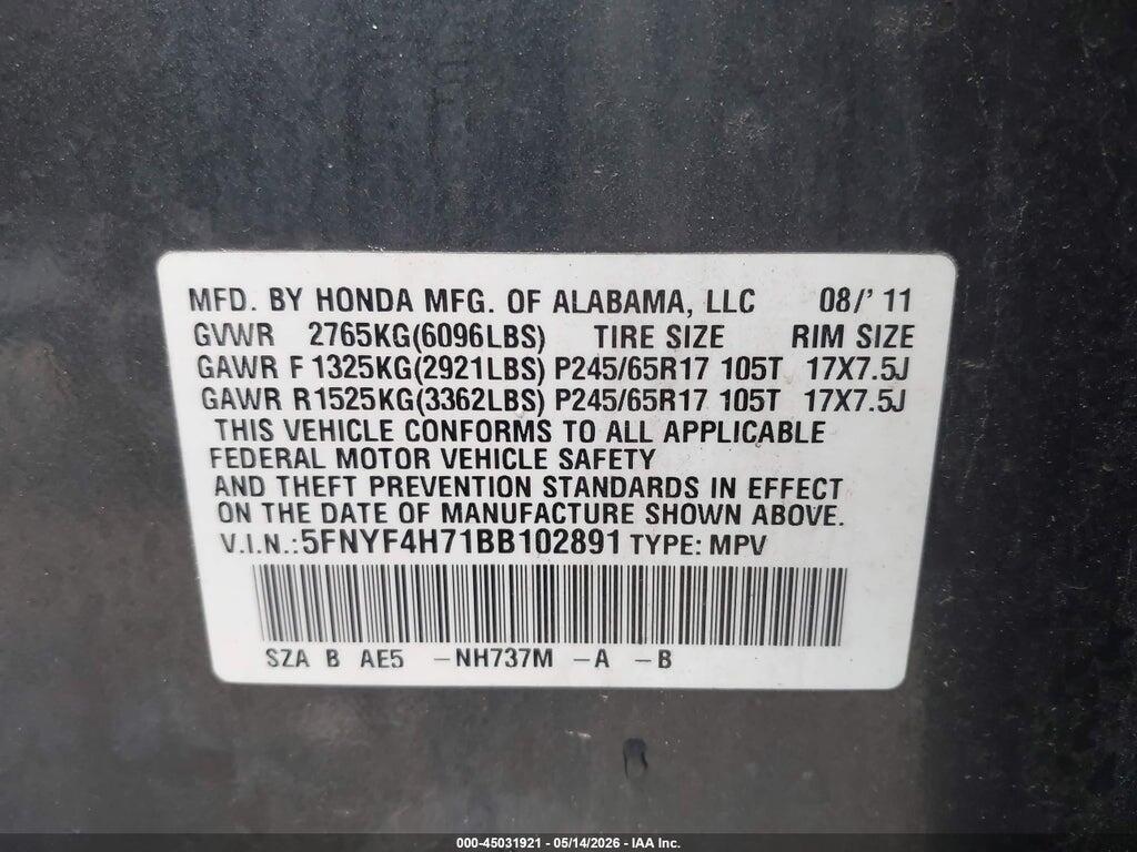 5FNYF4H71BB102891 2011 HONDA PILOT photo no. 9