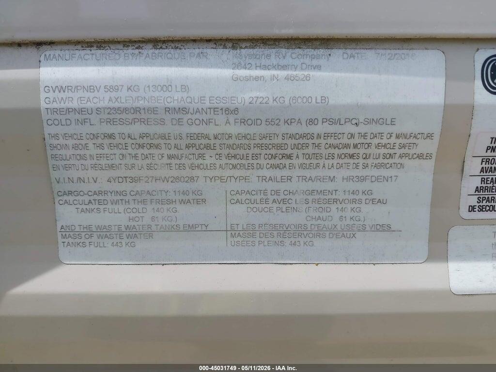 4YDT39F27HW260287 2017 KEYSTONE RV OTHER photo no. 9