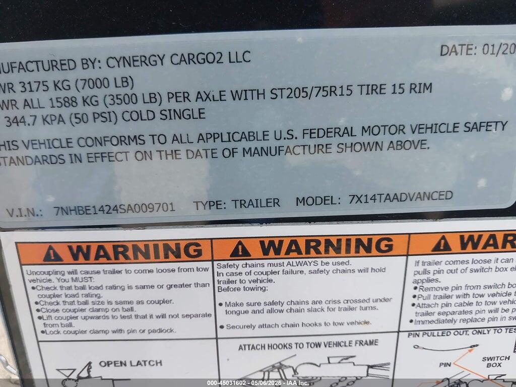 7NHBE1424SA009701 2025 CYNERGY CARGO LLC 14' CARGO TRAILER photo no. 9
