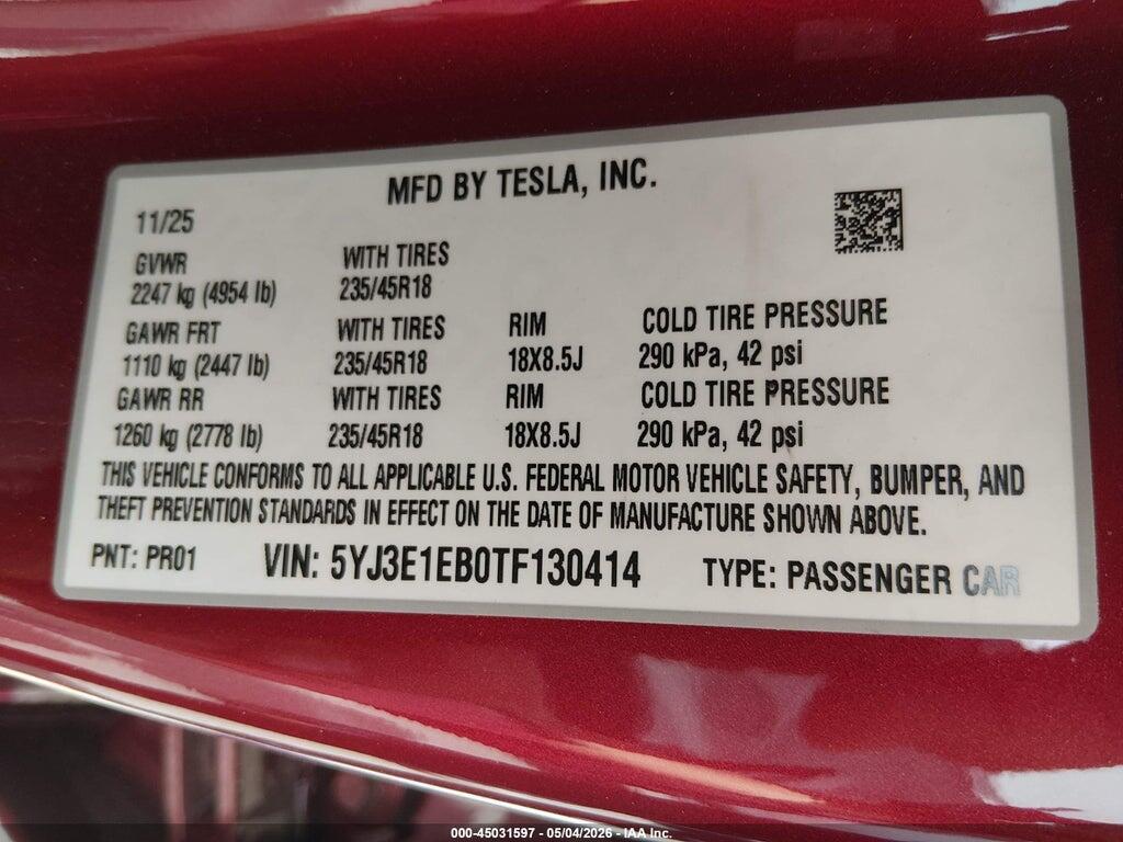 5YJ3E1EB0TF130414 2026 TESLA MODEL 3 photo no. 9