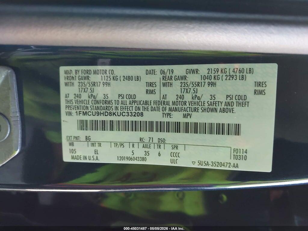 1FMCU9HD8KUC33208 2019 FORD ESCAPE photo no. 9