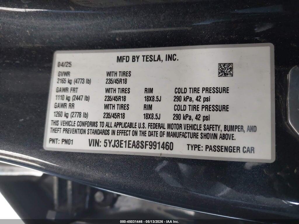 5YJ3E1EA8SF991460 2025 TESLA MODEL 3 photo no. 9