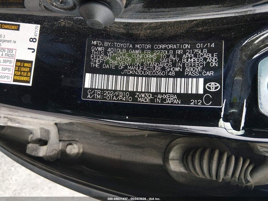 JTDKN3DUXE0360148 2014 TOYOTA PRIUS photo no. 9