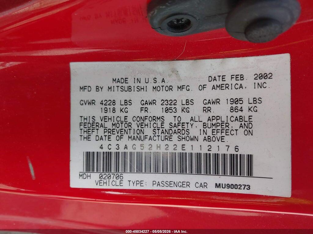 4C3AG52H22E112176 2002 CHRYSLER SEBRING photo no. 9