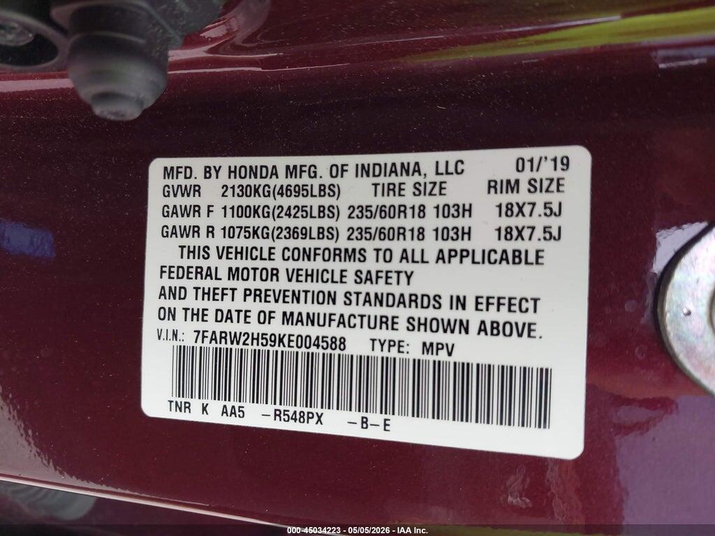 7FARW2H59KE004588 2019 HONDA CR-V photo no. 9