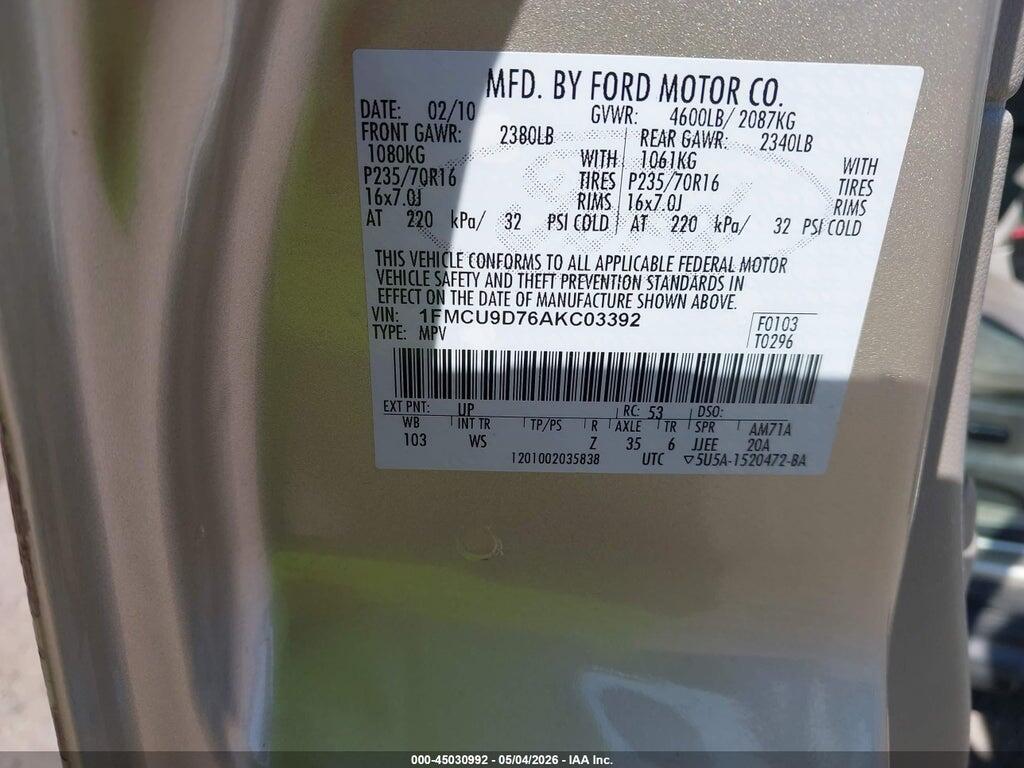 1FMCU9D76AKC03392 2010 FORD ESCAPE photo no. 9