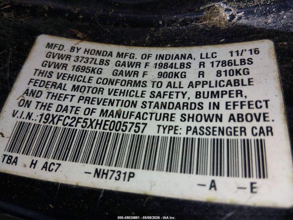 19XFC2F5XHE005757 2017 HONDA CIVIC photo no. 9