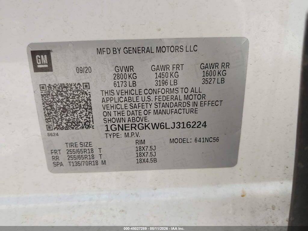1GNERGKW6LJ316224 2020 CHEVROLET TRAVERSE photo no. 9