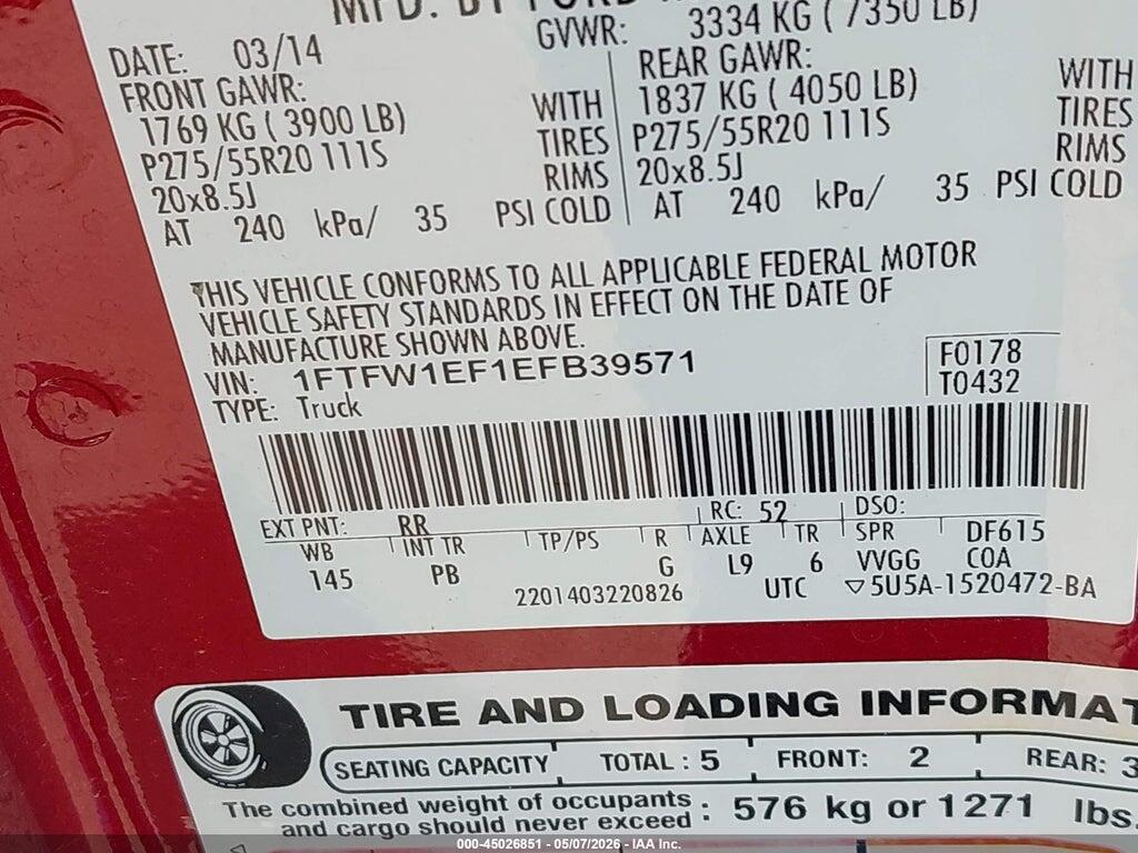1FTFW1EF1EFB39571 2014 FORD F-150 photo no. 9
