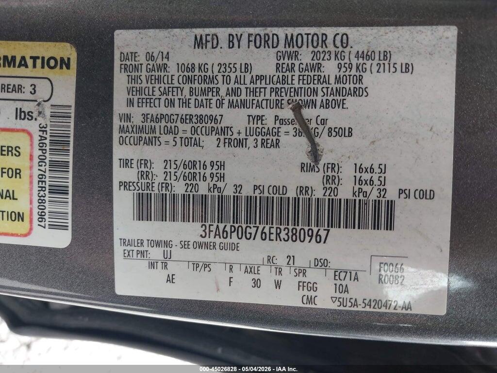 3FA6P0G76ER380967 2014 FORD FUSION photo no. 9
