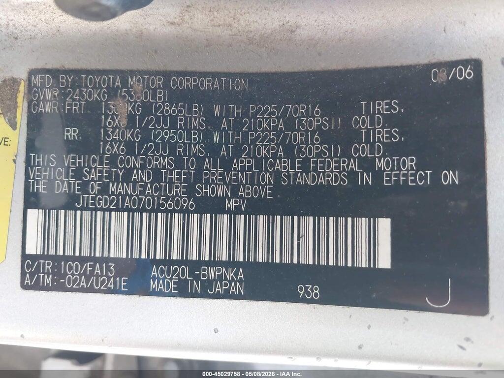 JTEGD21A070156096 2007 TOYOTA HIGHLANDER photo no. 9
