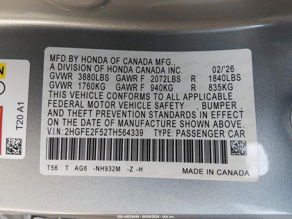 2HGFE2F52TH564339 2026 HONDA CIVIC photo no. 9