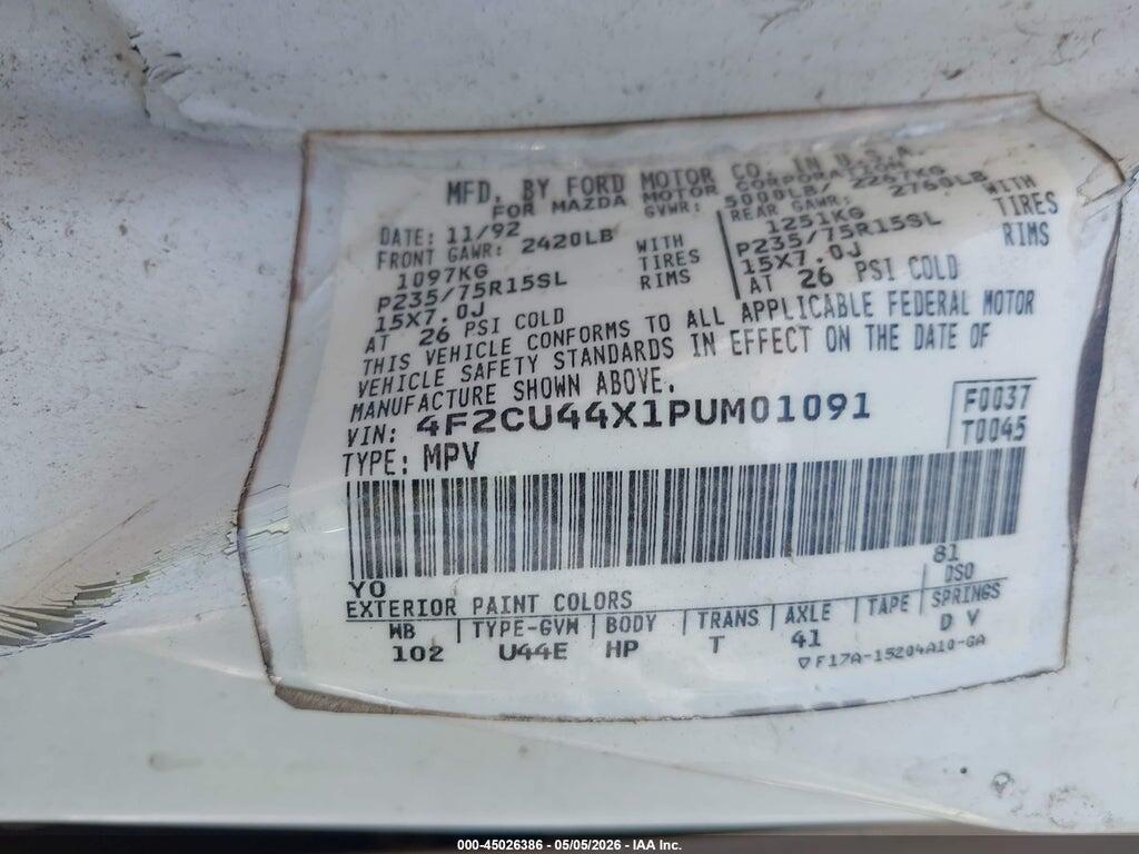 4F2CU44X1PUM01091 1993 MAZDA NAVAJO photo no. 9